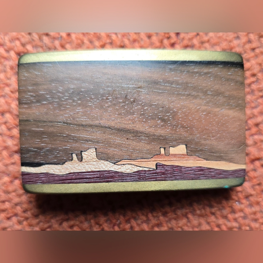 SKY WEST BELT BUCKLE BRASS WOOD MOUNTAIN SKYLINE INLAY NEW MEXICO